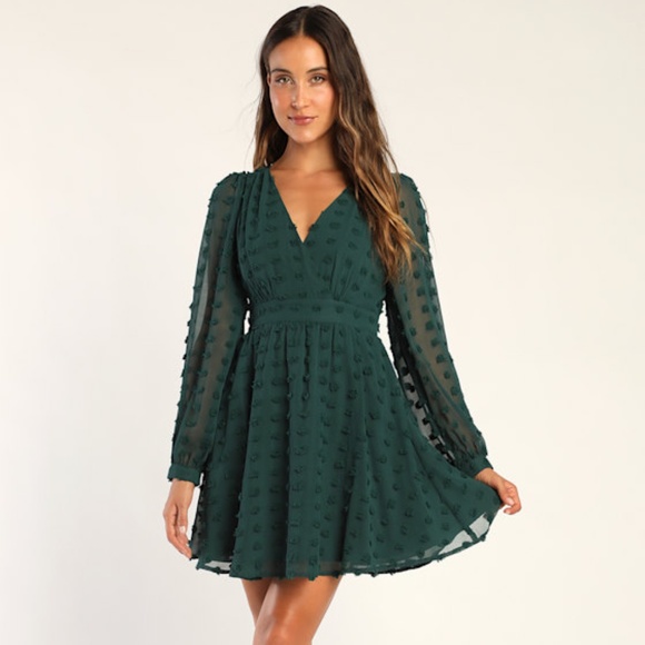 Lulus Always On Repeat Emerald Green Clip Dot Long Sleeve Mini Dress - Size S - Picture 1 of 1